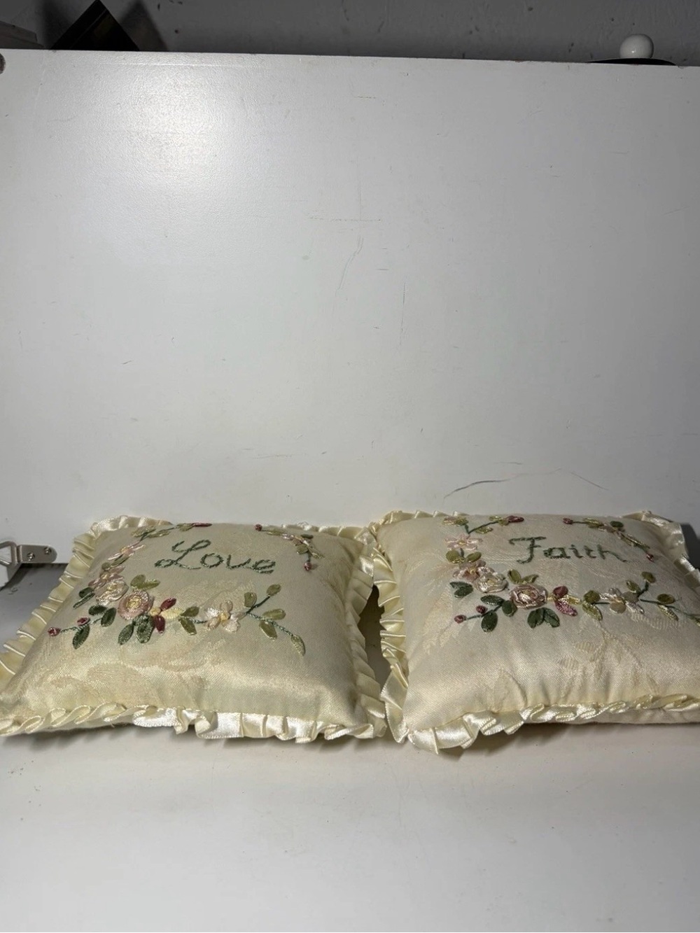 Embroidered "Love" and "Faith" Satin-Trim Accent Pillow Pair - Cream - Picture 7 of 12